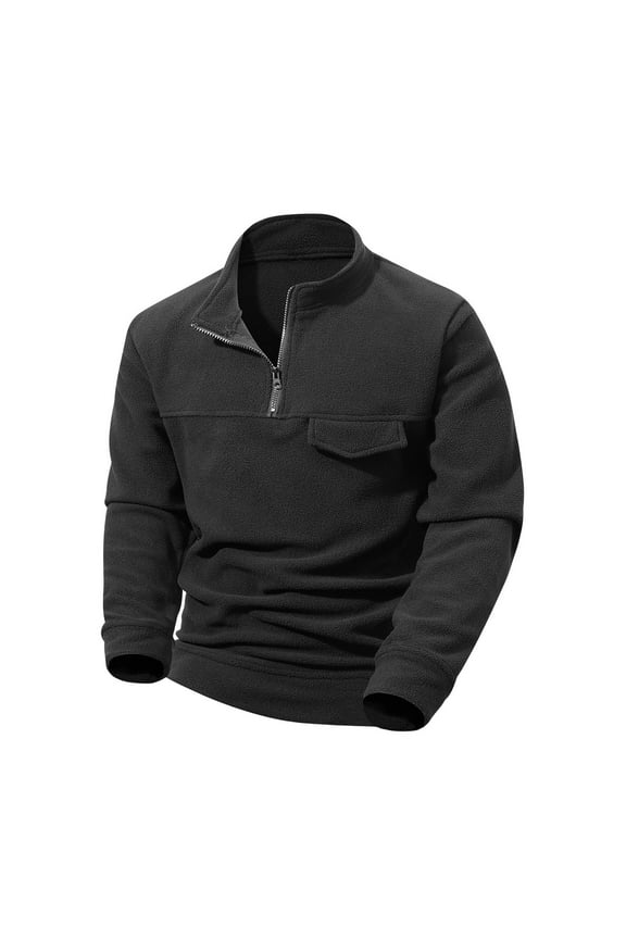 Men's Warm Fleece Pullover - 100% Polyester Quarter-Zip Stand Collar, Soft Breathable, Machine Washable, Relaxed Fit with Chest Pocket for Daily Wear/Hiking (Size L, Black)