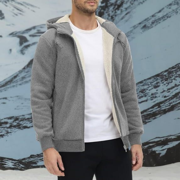 SYMOID Men's Warm Hooded Jacket - Full-Zip, Shearling Lined, Polyester Spandex, Adjustable Hood, Ribbed Cuffs, Gray, Size XL - Great for Fall Winter Daily & Outdoor Wear