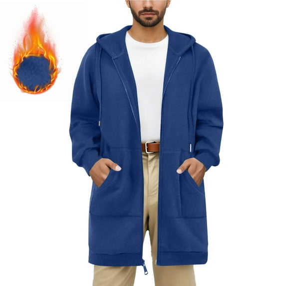 SYMOID Men's Warm Long Hooded Zip Jacket - 100% Polyester, Relaxed Fit with Pockets, Size 2XL Blue - Great for Casual & Outdoor Layering
