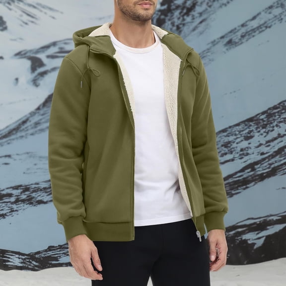 SYMOID Men's Warm Shearling-Lined Hooded Jacket - Full-Zip, Polyester-Spandex Blend, Army Green, Size L - Windproof with Adjustable Hood & Ribbed Cuffs for Fall/Winter