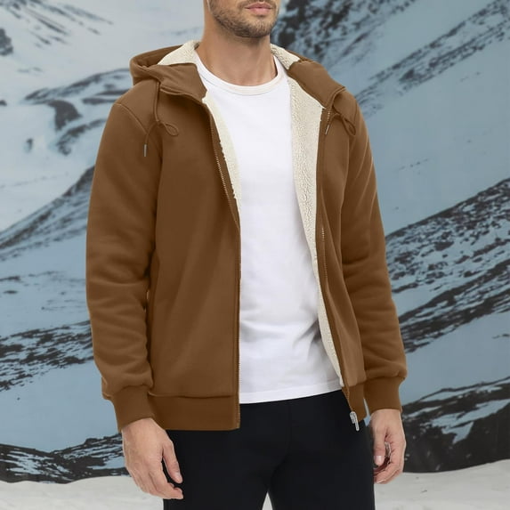 SYMOID Men's Warm Sherpa Lined Hooded Jacket - Coffee, Full Zip, Polyester Spandex, Regular Fit, Adjustable Hood, Ribbed Hem, Casual Daily/Outdoor Wear, Size XL