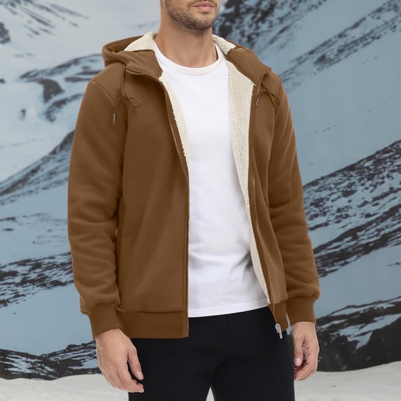 GUZOM Men's Warm Lined Zip-Up Hooded Jacket,Coffee,Spandex,Regular Fit,Adjustable Hood,Ribbed Cuffs/Hem,Casual Daily/Outdoor Wear,Size M