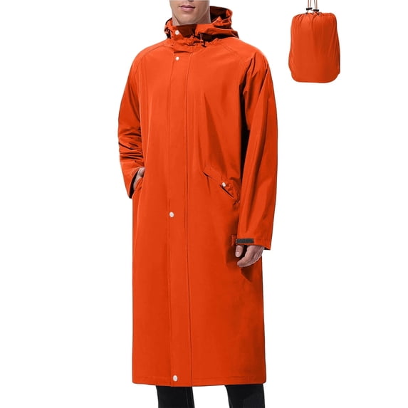 SYMOID Men's Waterproof Long-Length Hooded Raincoat - Packable with Snap Buttons & Pockets, 2XL Orange