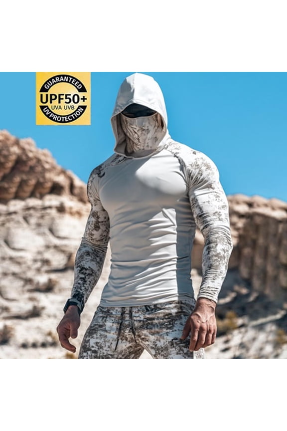 Men's White UPF 50+ Sun Protection Hoodie - 95% Polyester 5% Spandex, Quick-Dry Breathable, Slim Fit with Face Cover, Outdoor Hiking Fishing, Size 2XL