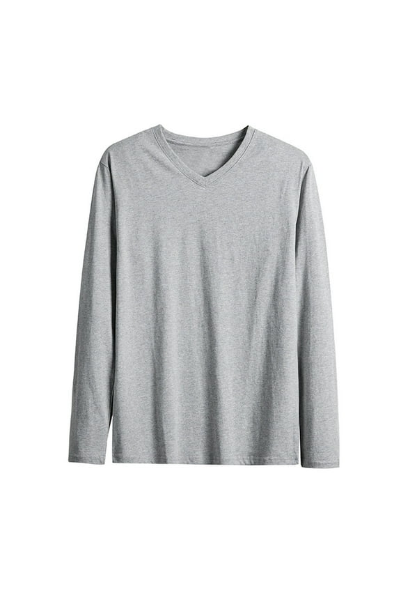 Men's XL Long Sleeve V-Neck Cotton Shirt - Gray, Soft Breathable Everyday Basic for Casual & Office Wear
