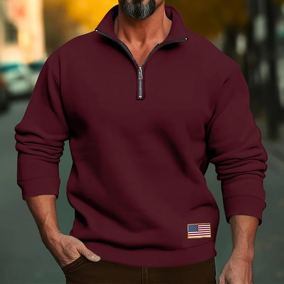 SYMOID Men's XL Wine Quarter-Zip Sweatshirt, 100% Polyester Patriotic USA Flag Patch, Relaxed Fit Wrinkle-Resistant Easy-Care for Daily/Outdoor Wear