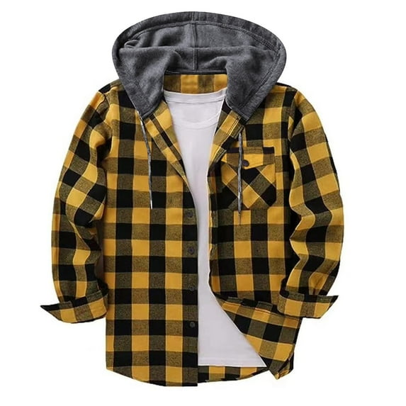 SYMOID Men's Yellow 2XL Hooded Flannel Shirt - All-Season Button-Front, Chest Pocket, Machine Washable Casual Plaid