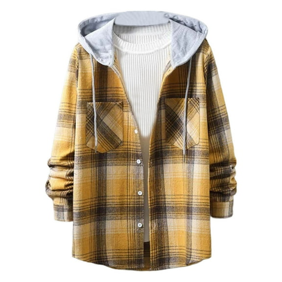 SYMOID Men's Yellow Plaid Hooded Shirt Size S - 95% Polyester 5% Spandex Stretchy, Cuffable Long Sleeve with Chest Pockets, Casual for Daily/Campus/Weekend Wear