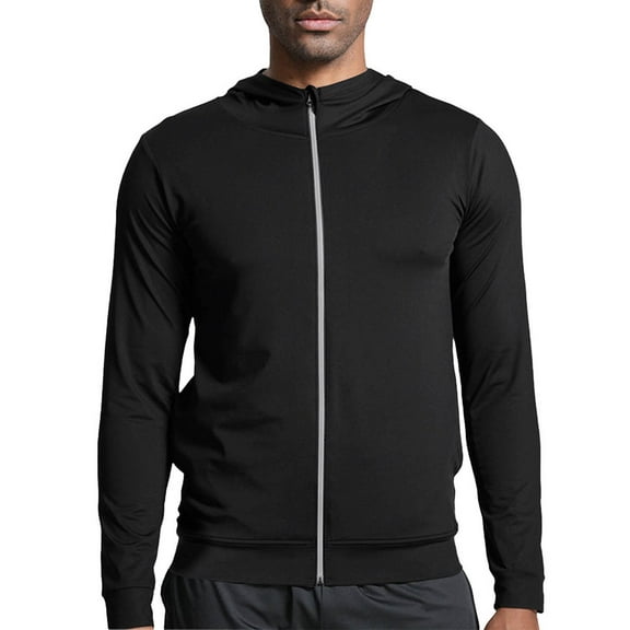 SYMOID Men's Zip Up Hoodie, Slim Fit Athletic Hoodie with Full-Zip & Hood, Breathable Nylon Spandex for Gym/Running/Outdoor, Casual Workout Hoodie - Black, Size L