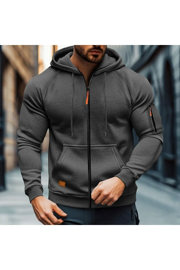 Men's Zip Up Hoodie - Size S, Quick-Dry 100% Polyester with Arm & Kangaroo Pockets, Athletic Casual Style, Dark Gray