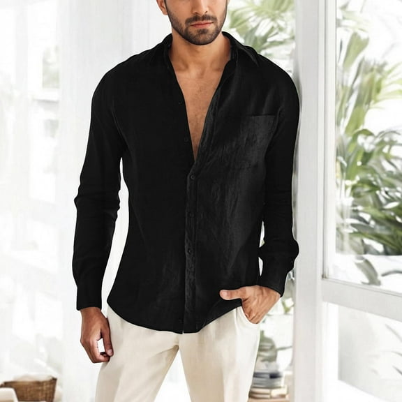 SYMOID Mens 100% Cotton Button Down Long Sleeve Shirt - Black, Relaxed Fit with Spread Collar, Chest Pocket, Breathable for Everyday Casual Wear,Size 2XL