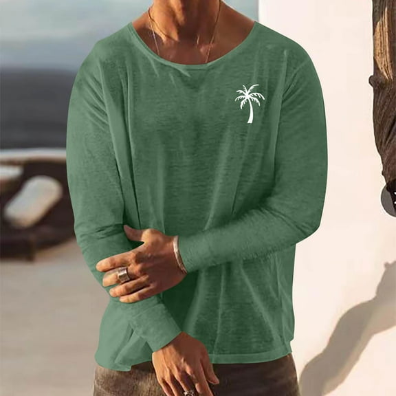 SYMOID Mens 100% Polyester Long Sleeve Top - Army Green, Relaxed Fit Crew Neck with Palm Tree Graphic, Soft Quick-Drying for Casual/Beach Vacations,Size XL