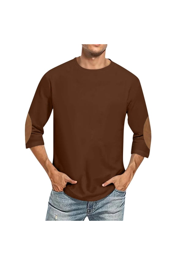 Mens 3/4 Sleeve Shirt with Elbow Patches, Brown Casual Round Neck Relaxed Fit, 95% Polyester 5% Spandex for Daily Spring Fall,Size 5XL