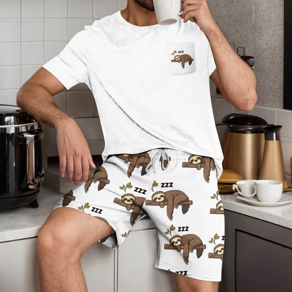 SYMOID Mens Animal Print Casual Short Sleeve Matching Pajama Sets with Exterior Pocket for Summer and Spring,White,Size M