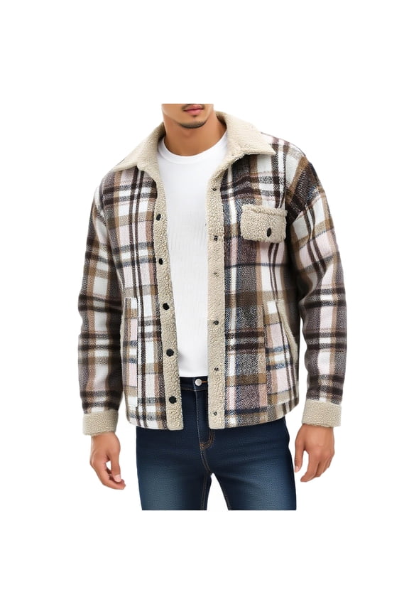 Mens Beige Plaid Shacket with Sherpa Accents - Relaxed Fit 100% Polyester Lightweight Outerwear for Fall/Spring, with Chest Pocket,Size 2XL