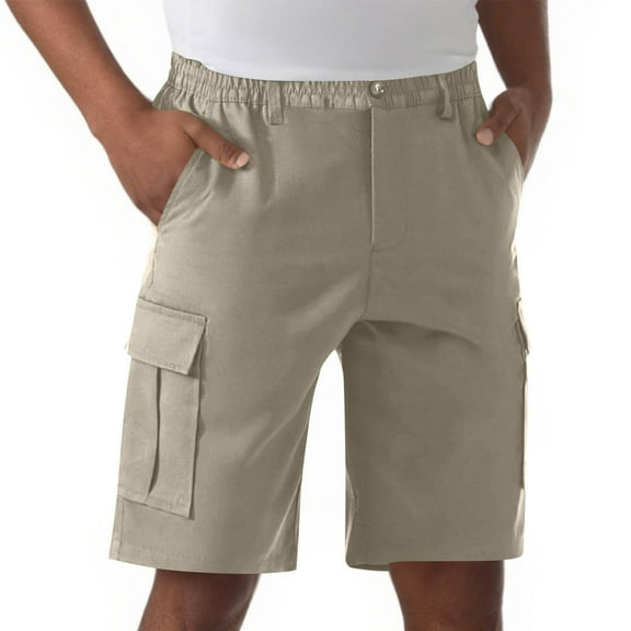 SYMOID Mens Big & Tall Cargo Shorts 100% Polyester - Quick-Drying, Elastic Waist with Pockets, Size 3XL Beige - Ideal for Work, Outdoor & Everyday Wear