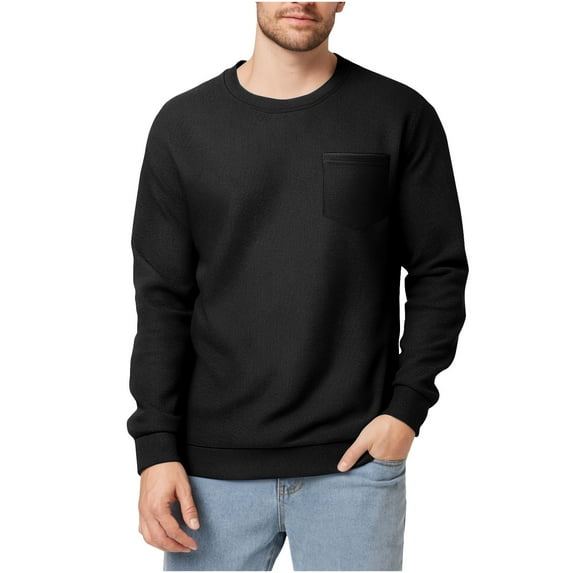 SYMOID Mens Black Crewneck Sweatshirt - Long Sleeve, Soft Stretch with Chest Pocket, Textured Weave for Casual Everyday & Fall Winter Wear,Size S