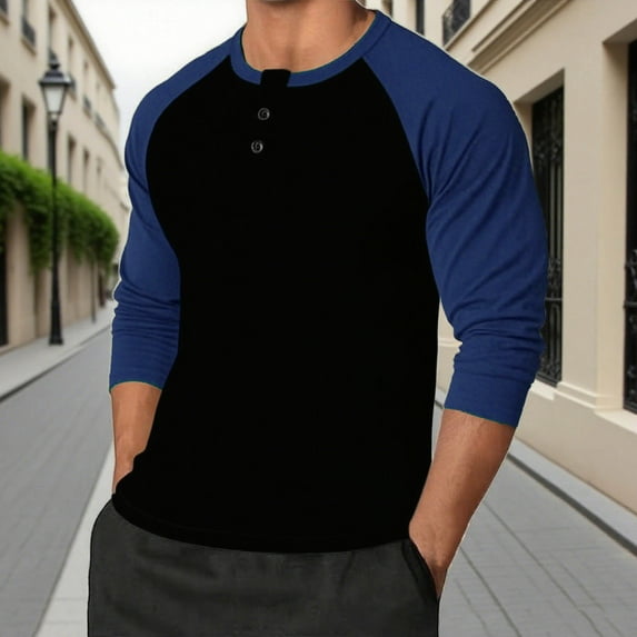 SYMOID Mens Blue Henley Raglan Shirt, Long Sleeve Polyester Spandex Soft Stretch, Color Block Contrast Design, Easy Care Machine Washable, S-XXXL,Size 3XL