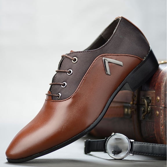 SYMOID Mens Brown Business Casual Lace-Up Shoes - Pointed Toe Pu Faux Leather with Breathable Mesh, Durable Easy-Clean Office Daily Commute Footwear, Wide Sizes 5.5-13,Size 44