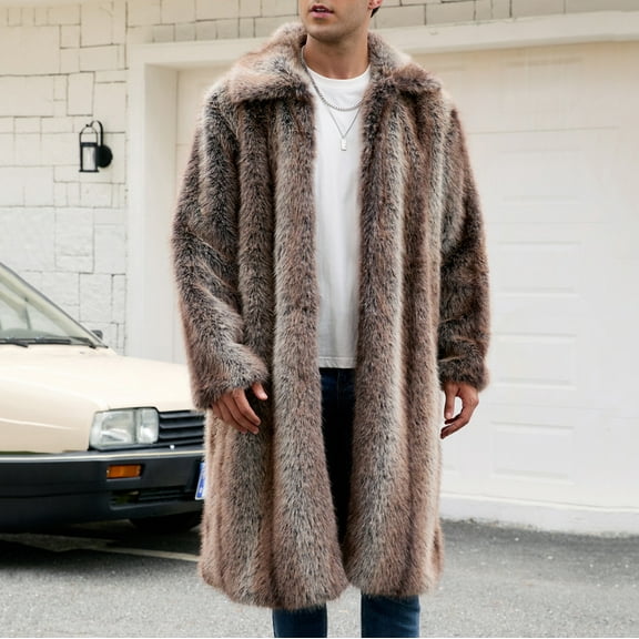 SYMOID Mens Brown Faux Faux Fur Coat - Warm Long-Length Collared, Animal-Friendly, 100% Polyester Durable for Winter Casual/Semi-Formal Wear (S-XXXL),Size 3XL