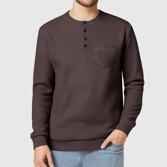 SYMOID Mens Brown Long Sleeve Waffle Knit Henley Shirt - Soft & Stretchy, with Chest Pocket & 4-Button Placket, S-XXL Sizes for Casual Wear & Fall/Spring Layering,Size XL
