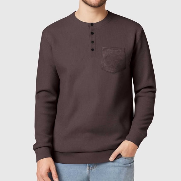 SYMOID Mens Brown Long Sleeve Waffle Knit Henley Shirt - Soft & Stretchy, with Chest Pocket & 4-Button Placket, S-XXL Sizes for Casual Wear & Fall/Spring Layering,Size 2XL