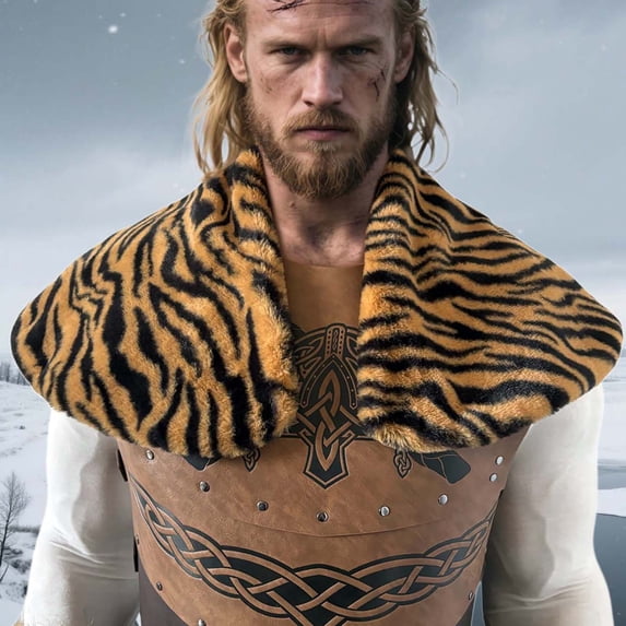 SYMOID Mens Brown Viking Faux Faux Fur Shawl Scarf - Tiger Stripe Pattern Large Collar, Soft Durable for Cosplay Renaissance Fair Hall-oween Daily Wear,Size Free Size