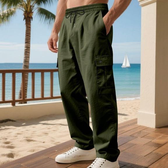 SYMOID Mens Cargo Pants 100% Polyester - Relaxed Fit, Drawstring Waist & Multi-Pocket, Durable for Daily/Outdoor Use, Army Green (Size L)