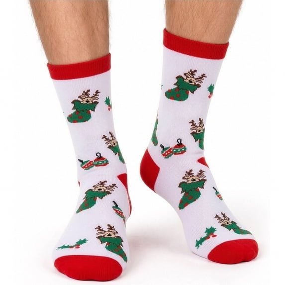SYMOID Mens Christmas Crew Socks,Cotton Socks for Men,Reindeer Holly Print White Cozy Socks,1 Pair
