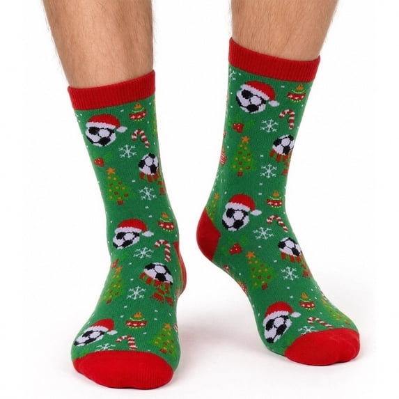 SYMOID Mens Christmas Soccer Crew Socks Novelty Green Holiday Socks for Men, Breathable Cotton Cozy Socks