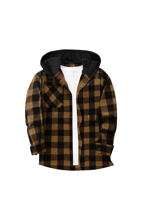 Mens Coffee Plaid Hooded Shirt - Casual Long Sleeve with Button-Down, Polyester Cotton Blend, Chest Pocket & Drawstring Hood, Sizes M to XXXL,Size XL