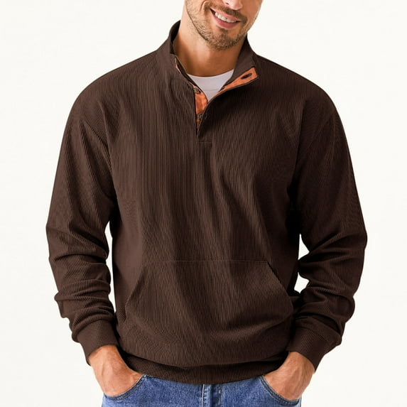 SYMOID Mens Coffee Quarter-Zip Corduroy Pullover Sweaters - 98% Cotton 2% Spandex, with Elbow Patches & Kangaroo Pocket, Soft Stretchy for Casual/Outdoor,Size XL