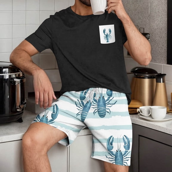 SYMOID Mens Cotton Polyester Short Sleeve Short Leg Matching Pajama Sets with Animal Print & Stripes for Spring/Summer Casual Wear,Black,Size M