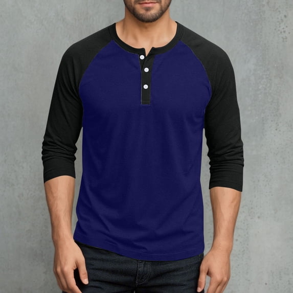 SYMOID Mens Dark Blue Raglan Sleeve Henley Shirt - 3/4 Sleeve, Polyester Spandex Stretch, Wrinkle-Resistant, Sizes M-XXXXXL for Daily Casual & Layering,Size L