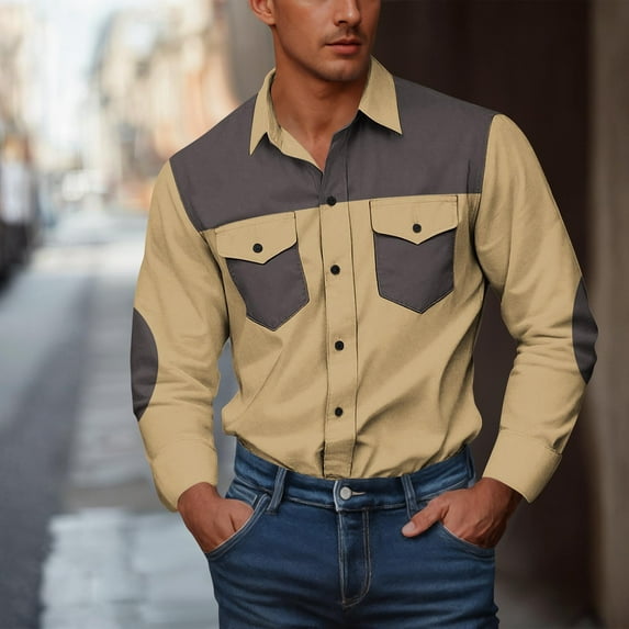 SYMOID Mens Dark Gray Long Sleeve Stretch Button Down Shirt - Color Block Western Inspired with Chest Flap Pockets, S to XXXXXL,Size 5XL