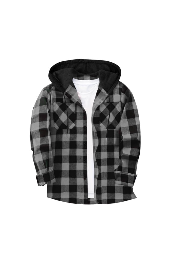 Mens Flannel Hooded Shirt - Dark Gray, Long Sleeve Button Front, Soft Poly-Cotton Blend, Relaxed Fit with Chest Pockets & Adjustable Hood,Size 3XL