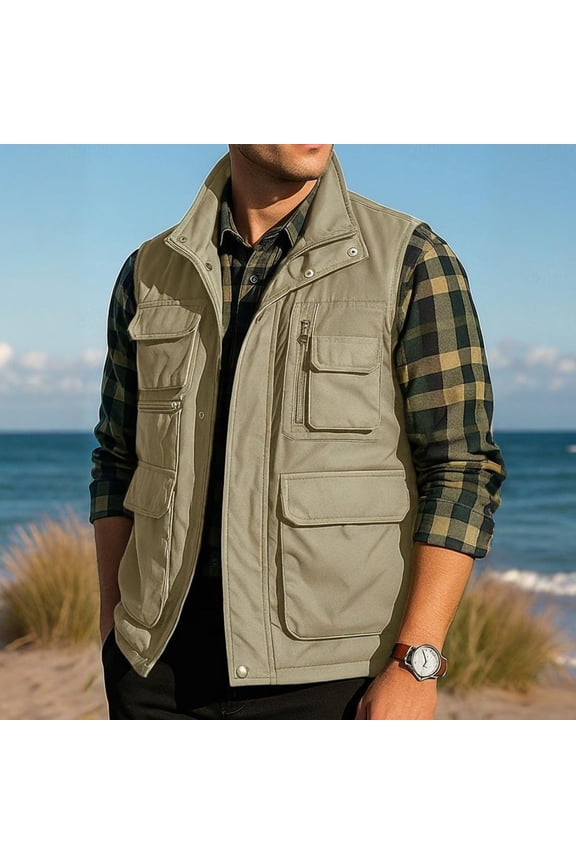 Mens Fleece Lined Warm Utility Vest - Khaki, Stand-Up Collar, Multiple Zipper/Flap Pockets, Durable Polyester, M to XXXXXL for Fall/Winter Outdoor & Work,Size XL