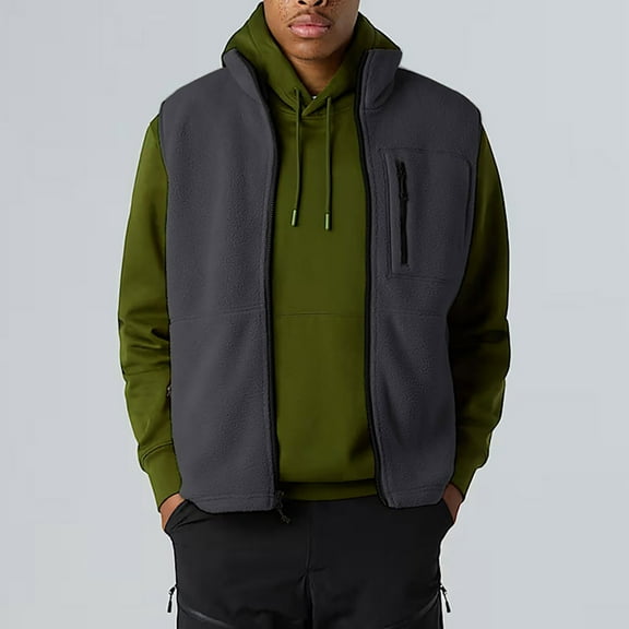 SYMOID Mens Fleece Vest 100% Polyester - Full-Zip & Stand-Up Collar, Chest/Side Zip Pockets, Warm for Layering/Casual/Outdoor, Gray,Size XL