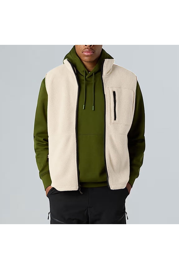 Mens Fleece Vest 100% Polyester - Full-Zip, Stand-Up Collar, Side/Chest Zip Pockets, Warm for Layering/Casual/Hiking, Beige,Size 2XL
