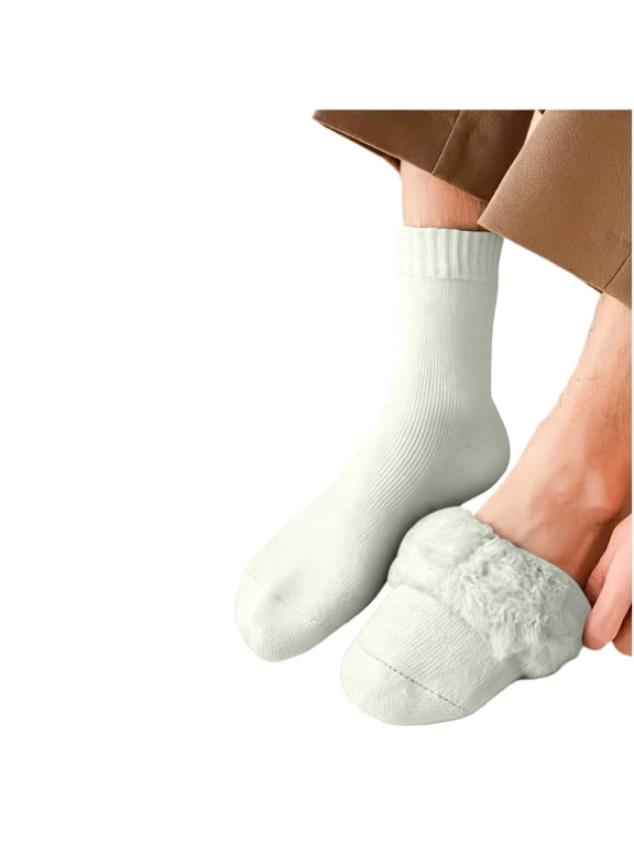 Mens Fuzzy Crew Socks Fleece Lined Thermal Warm Winter Socks for Cold Weather, White