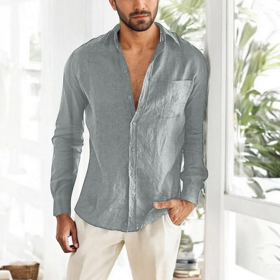 SYMOID Mens Gray 100% Cotton Button Down Long Sleeve Shirt - Relaxed Fit with Spread Collar, Chest Pocket, Breathable for Everyday Casual Wear,Size L