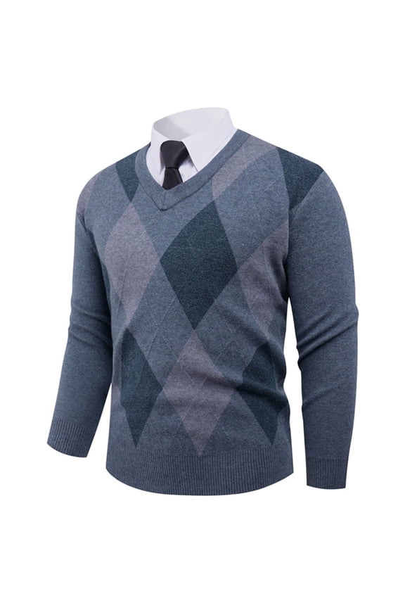 Mens Gray Argyle V-Neck Sweater - Long Sleeve Acrylic, Soft Comfortable, Tailored Fit, M to XXXL, for Daily/Office/Casual Wear,Size XL