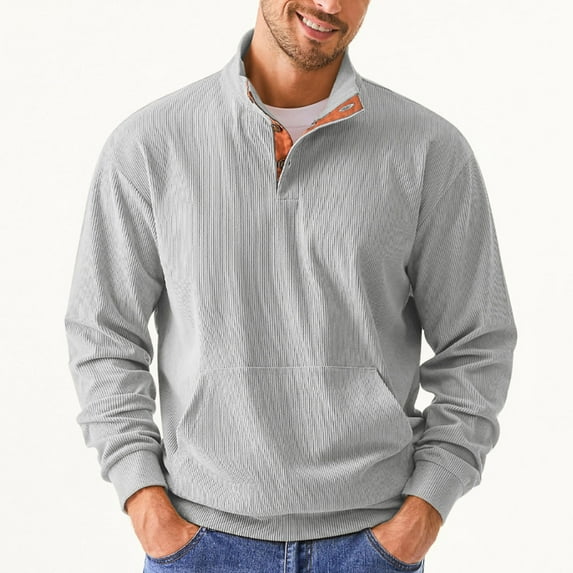 SYMOID Mens Gray Corduroy Quarter-Zip Pullover Sweaters - 98% Cotton 2% Spandex Soft Stretchy, with Elbow Patches & Kangaroo Pocket for Casual/Outdoor,Size M
