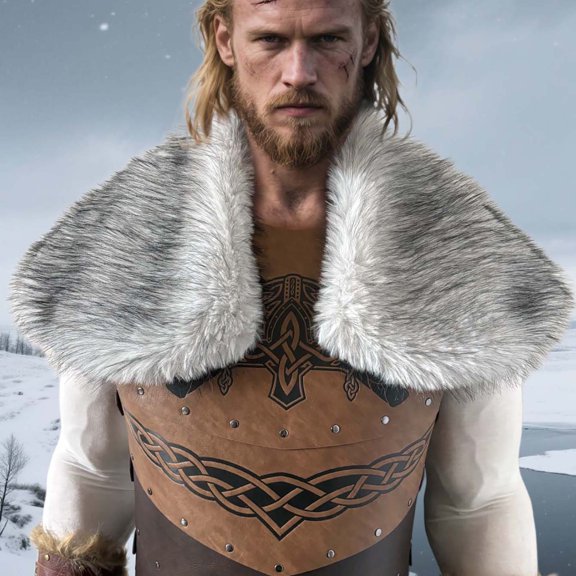 SYMOID Mens Gray Viking Faux Faux Fur Shawl Scarf - One Size, Medieval Warrior Cosplay Warm Wrap for Hall-oween/Themed Events & Everyday Fashion,Size Free Size