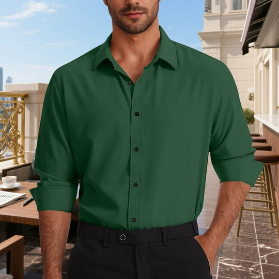 SYMOID Mens Green Long Sleeve Dress Shirt - 100% Polyester, Wrinkle Resistant & Easy Care, Classic Spread Collar, S-XXXL for Business & Casual Wear,Size XL