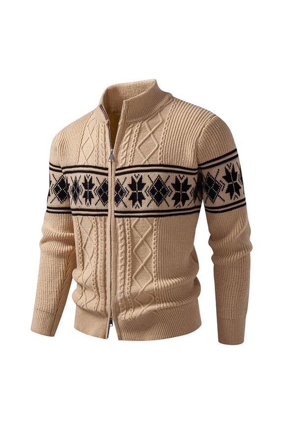 Mens Khaki Knit Zip-Up Cardigan Sweaters - Stretchy Nylon Spandex, Stand Collar, Ethnic/Snowflake Pattern, Inclusive M-XXXXL, Warm Layerable,Size M