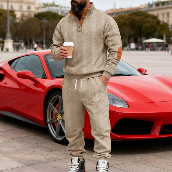 SYMOID Mens Khaki Relaxed Fit Tracksuit - 2 Piece Nylon Spandex Blend with Stand-Up Collar, Drawstring Waist & Pockets for Daily Casual Wear & Lounging,Size 3XL