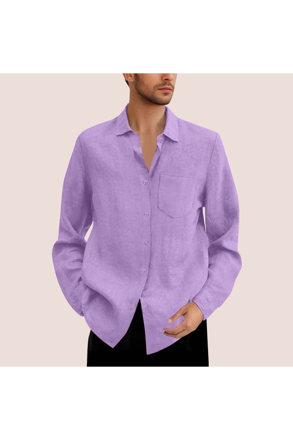 Mens Long Sleeve Button-Down Casual Shirt - Purple, 100% Polyester Relaxed Fit, Wrinkle-Resistant, Machine Washable, with Chest Pocket, Sizes M-XXXXXL,Size 4XL
