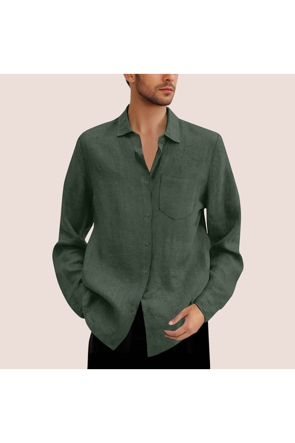 Mens Long Sleeve Casual Button-Down Shirt - 100% Polyester, Wrinkle-Resistant, Machine Washable, Army Green, Relaxed Fit with Chest Pocket, Sizes M-XXXXXL,Size 4XL