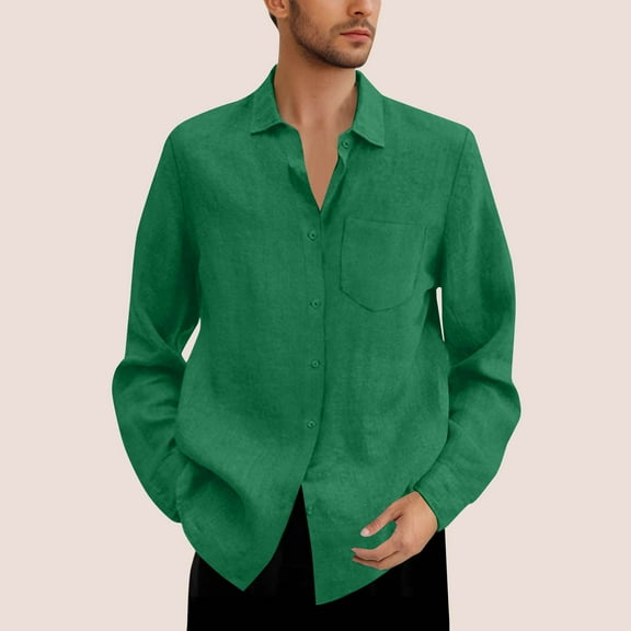 SYMOID Mens Long Sleeve Casual Button-Down Shirt - Green, 100% Polyester Relaxed Fit, Wrinkle-Resistant & Machine Washable, with Chest Pocket, Sizes M-XXXXXL,Size L